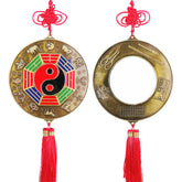 Feng Shui Bagua Map Mirror - Brass bagua plaque with yin-yang symbol, twelve zodiac animals and red tassel, front and back v.