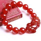 Red Agate PiXiu Wealth Luck Bracelet – glossy red agate beads with carved PiXiu on decorative box, Feng Shui jewelry