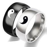 Yin Yang Titanium Steel Couple Ring - Silver and black interlocking yin-yang band pair on white background, couples matchi...