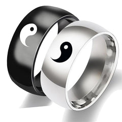 Yin Yang Titanium Steel Couple Ring - Silver and black interlocking yin-yang band pair on white background, couples matchi...