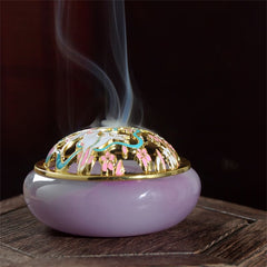 Purple Nine-Tailed Fox Incense Burner - Smoke rising with cherry blossom lid on dark wood, liuli censer