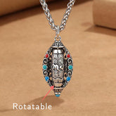 Om Mani Padme Hum Pendant Necklace – Rotatable prayer wheel with turquoise coral on wheat chain, Tibetan amulet