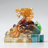 12 Zodiac Liuli Dragon Art Piece – Coiled amber and green crystal dragon on coin base, feng shui protection