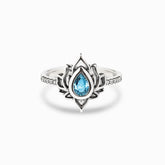 Sterling Silver Lotus Ring – Blue zircon center stone with pavé band, lotus zircon ring