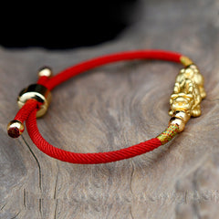 Gold-Plated PiXiu Red String Bracelet – side view red braided cord with gold slider clasp, lucky wealth bracelet