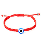 4Pcs Evil Eye Red String – Seven knot red string bracelet with adjustable closure, white background flat lay
