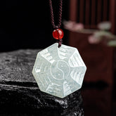 Natural Jade Bagua Yin Yang Luck Necklace - Octagonal celadon jade bagua pendant with yin yang carving on burgundy cord, feng