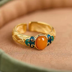 Vintage Amber Resin Ring, Filigree Gold & Enamel, Open Adjustable, Retro Oriental Art