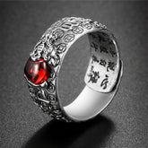 PiXiu Red Garnet Wealth Ring – Side view showing engraved Chinese characters inside band, feng shui jewelry