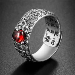 PiXiu Red Garnet Wealth Ring – Side view showing engraved Chinese characters inside band, feng shui jewelry