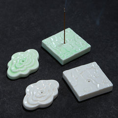 Mini Auspicious Clouds Ceramic Incense Burner – set of four green and white holders in square and ruyi shapes, ceramic incense holder