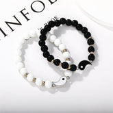 Yin Yang Protection Couple Bracelet - Black onyx and white turquoise beaded bracelets with interlocking yin-yang charms, m...