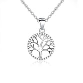 Tree of Life Sterling Silver Necklace – circular tree pendant on white background with reflection, 925 silver jewelry