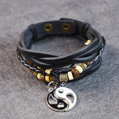 Copper Yin Yang Balance Bracelet - Black leather bracelet with silver yin-yang pendant and wooden beads