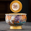 Golden Eagle Dragon Gilt Ceramic Teacup – purple dragon and immortal figure with lid, gold gilding, ruyi emblem, enamel art