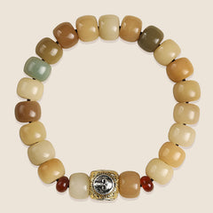 Natural Bodhi Seed Om Mani Padme Hum Wisdom Bracelet - White background, Om symbol centerpiece