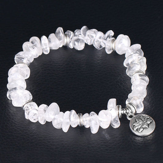 Natural White Crystal Lotus Bracelet – Clear quartz chip beads with lotus charm, healing jewelry