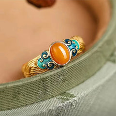 Vintage Amber Resin Ring, Filigree Gold & Enamel, Open Adjustable, Retro Oriental Art