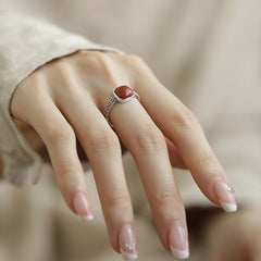 925 Silver Red Agate Sugar Cube Cut Openwork Ring, New Chinese Vintage Style