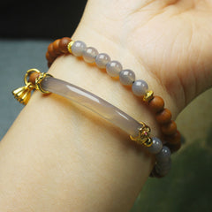 Sandalwood 6mm Double-Strand Bracelet with Gray Agate Half-Bangle, Boho Zen Energy