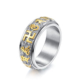 Om Mani Padme Hum Ring – silver meditation spinner with gold Om and swastika on white, men's spiritual band