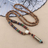 Wenge Wood Dzi Bead Mantra Necklace - Wood bead mala with engraved bronze pendant, Buddhist prayer beads