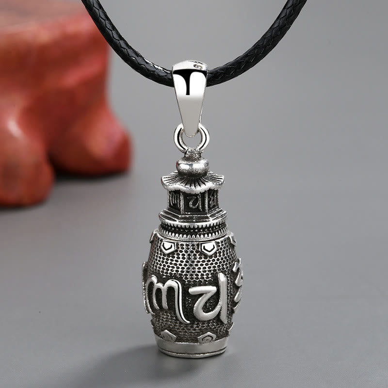 Om Mani Padme Hum Copper Pendant Necklace – Oxidized prayer wheel with mantra on black cord, Tibetan jewelry