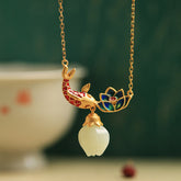 White Jade Koi Fish Necklace – gold koi and lotus pendant with red enamel on green background, jade dangle, luck jewelry
