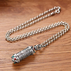 Om Mani Padme Hum Silver Necklace - Engraved silver pendant with double rolo chain, turquoise coral accents