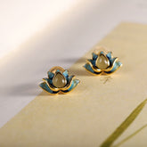 Hetian Cyan Jade Lotus Earrings - Lotus stud on botanical paper with soft focus, cyan jade earrings