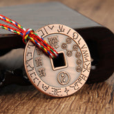 Taoist Yin Yang Copper Protection Amulet - Copper talisman with five-color cord, feng shui amulet