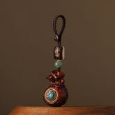 Sandalwood Money Bag Mantra Hanging - Red wood fortune bag with turquoise inlay, lucky charm