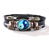 Yin Yang Leather Balance Bracelet - Black leather wrap with blue yin-yang and skull beads, men spiritual bracelet