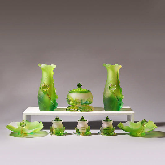 Feng Shui Lotus Liuli Crystal – seven-piece green lotus altar set, auspicious decor