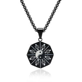 Bagua Yin Yang Titanium Steel Pendant - Black octagonal Bagua medallion with engraved trigrams, bagua necklace