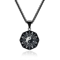 Bagua Yin Yang Titanium Steel Pendant - Black octagonal Bagua medallion with engraved trigrams, bagua necklace