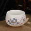 Dragon Cicada Ceramic Tea Bowl - blue lotus with red koi fish and Chinese calligraphy, gold petals on cream ceramic