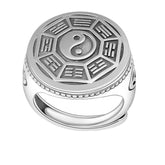 Yin Yang Copper Adjustable Ring – Silver yin-yang and bagua trigrams on white background, men's ring
