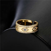Gold Evil Eye Open Cuff Ring with Blue Pavé Crystals, Adjustable Copper Alloy Protection Ring