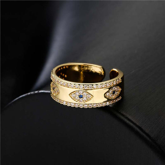 Gold Evil Eye Open Cuff Ring with Blue Pavé Crystals, Adjustable Copper Alloy Protection Ring