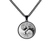 Tree of Life Titanium Steel Necklace – black yin-yang tree pendant on white background, frontal, Cuban link chain