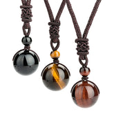 Tibetan Tiger Eye Obsidian Amethyst Protection Necklace – Three adjustable cord necklaces with black obsidian, golden tiger's eye, and red tiger's eye sphere pendants