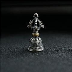 925 Silver Dorje Bell Pendant – Front view of silver ghanta with gold band and ornate vajra crown
