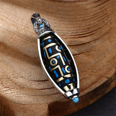 Nine-Eye Dzi Bead Pendant - Silver cage frame with Greek key border over inlaid bead