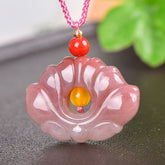 Jade Lotus Pendant – Pink carved flower design with amber center bead on braided cord, natural gemstone, boho elegance