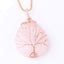 Quartz Crystal Tree of Life Necklace – rose quartz pink pendant, rose gold wire tree, white background, love