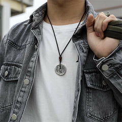 Bagua Yin Yang Obsidian Necklace - coin pendant worn by model with denim jacket, streetwear style