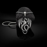 Pure Tin Dragon Necklace - Winged dragon on black stone with rope chain, antiqued silver, bold luck charm
