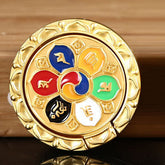 Om Mani Padme Hum Phone Ring Holder – Gold medallion pin with six-color enamel petals, Buddhist badge