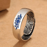 Tibetan Blue Lotus Enlightenment Ring - Blue inlay exterior with hidden engraved cloud pattern inside, copper ring